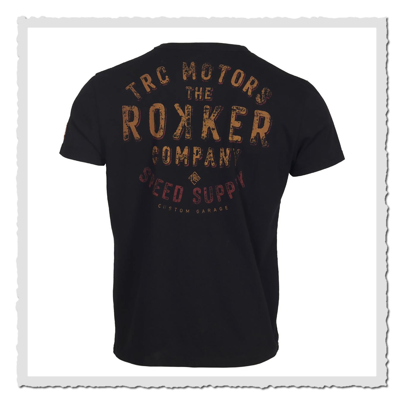 Schwarzes T-Shirt von hinten mit großem mehrfarbigem Schriftprint auf weißem Hintergrund.